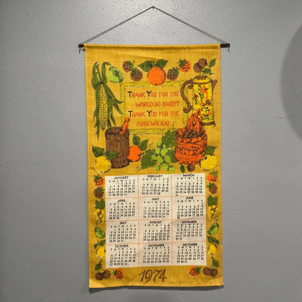 Vintage 1974 Linen Calendar Wall Hanging Harvest Fruit Kitchen Decor 16x28.5